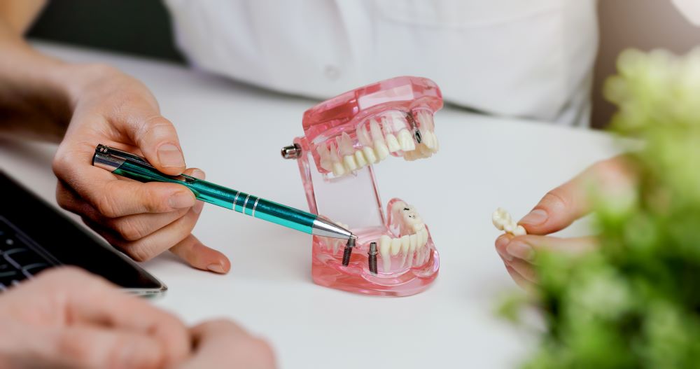 A dentist showing a patient a model of dental implants.