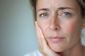 Woman touching the side of her face, wearing concerned expression